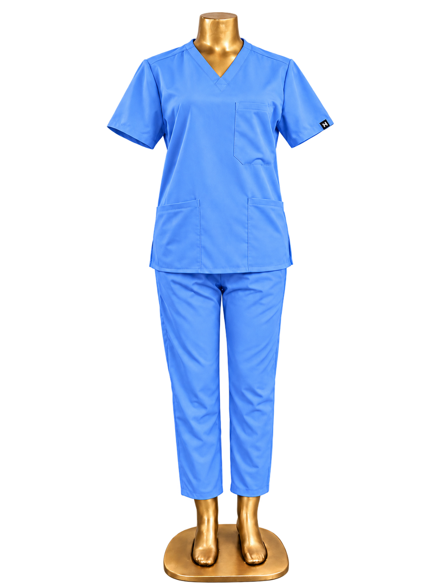 HomeLand 2-Piece Scrubs Set in sky blue, V-neck top and matching trousers
