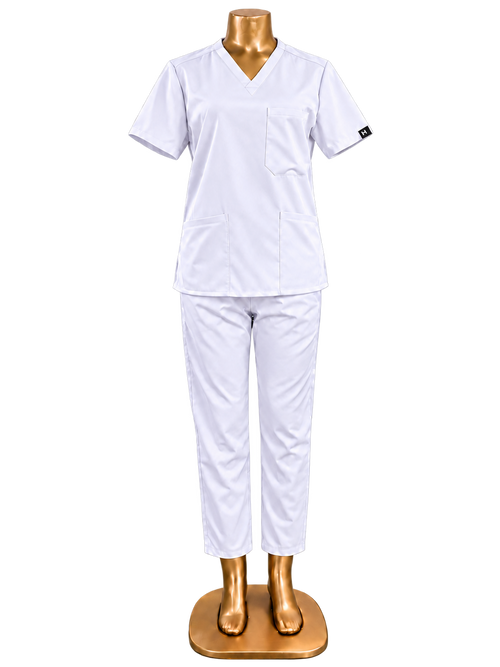 HomeLand 2-Piece Scrubs Set in white, V-neck top and matching trousers