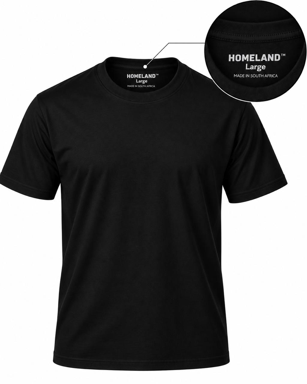200GSM cotton crew-neck T-shirt in black, with a close-up of the HomeLand neck label