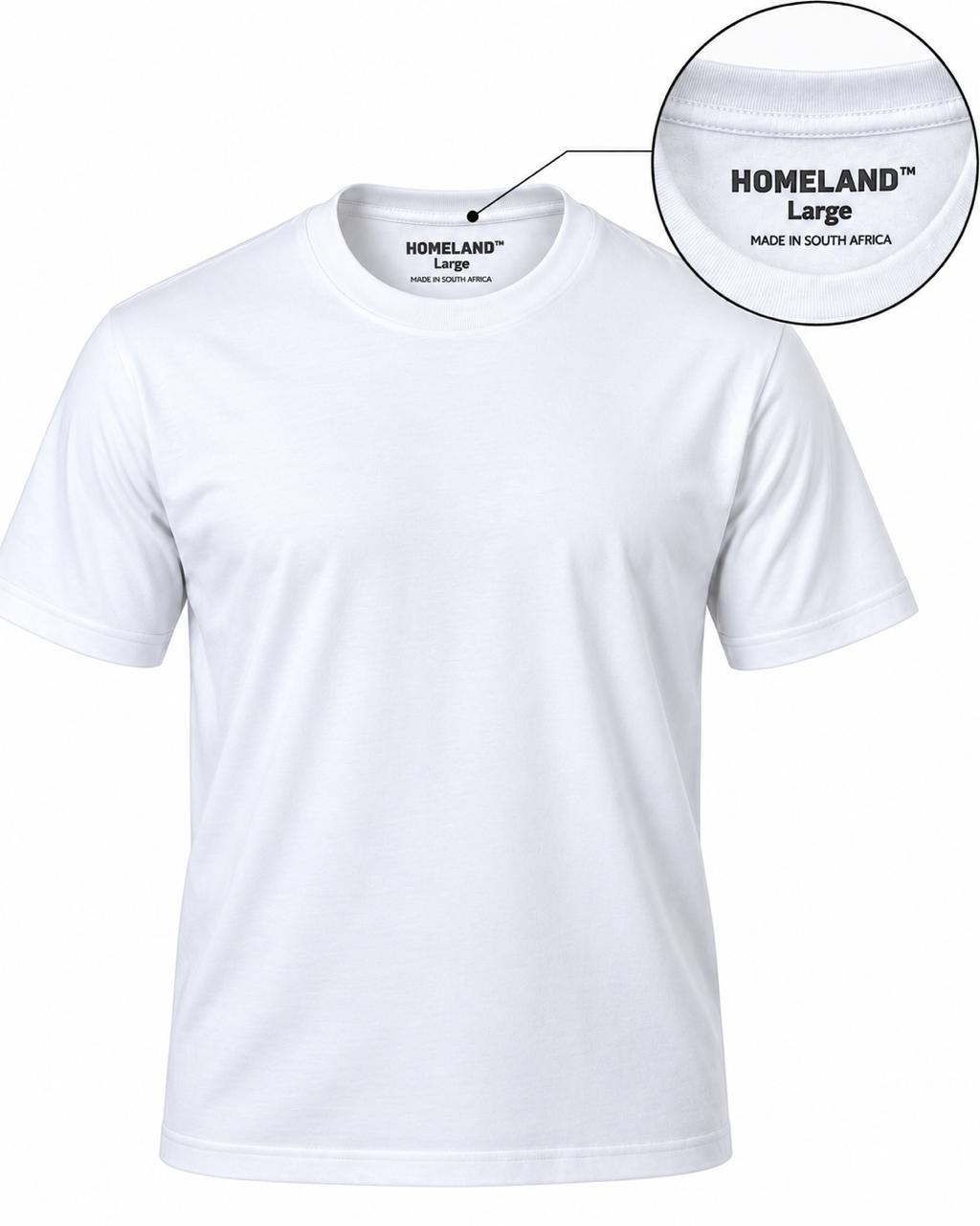 200GSM cotton crew-neck T-shirt in white, with a close-up of the HomeLand neck label