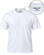 200GSM cotton crew-neck T-shirt in white, with a close-up of the HomeLand neck label