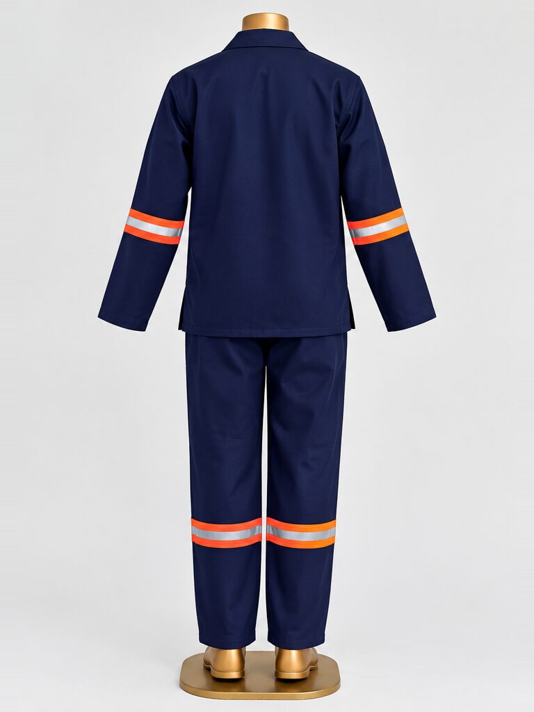HomeLand Blue Conti Suit, D59 Treated, in navy with reflective tape, back view