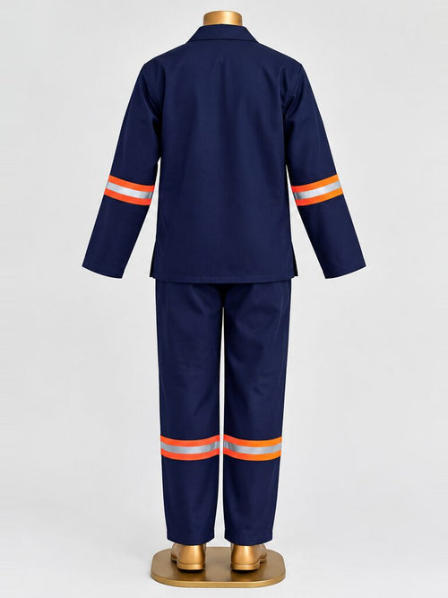 HomeLand Blue Conti Suit, D59 Treated, in navy with reflective tape, back view