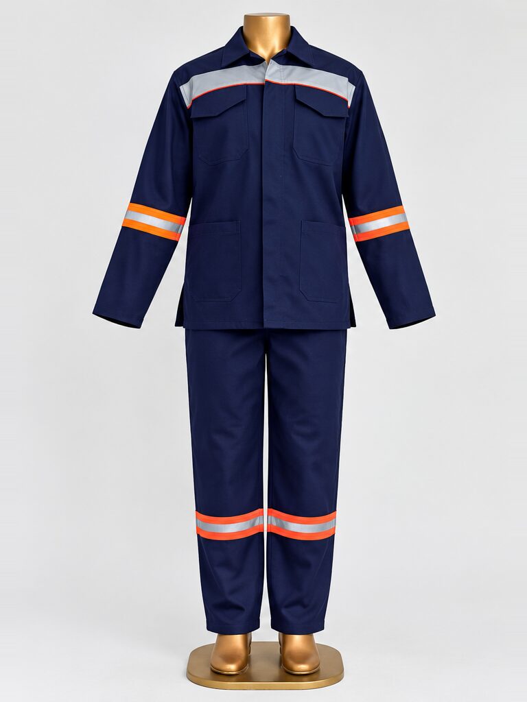 HomeLand Blue Conti Suit, D59 Treated, in navy with reflective tape, front view