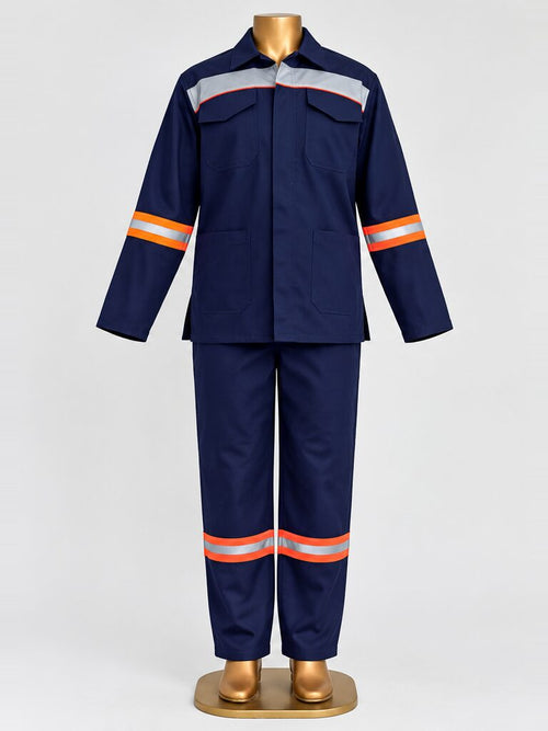 HomeLand Blue Conti Suit, D59 Treated, in navy with reflective tape, front view