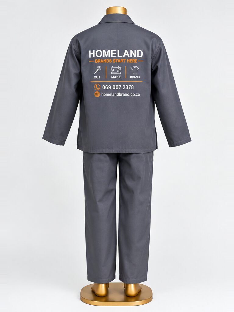 HomeLand Grey Conti Suit, 100% Cotton, in grey with a HomeLand print, back view