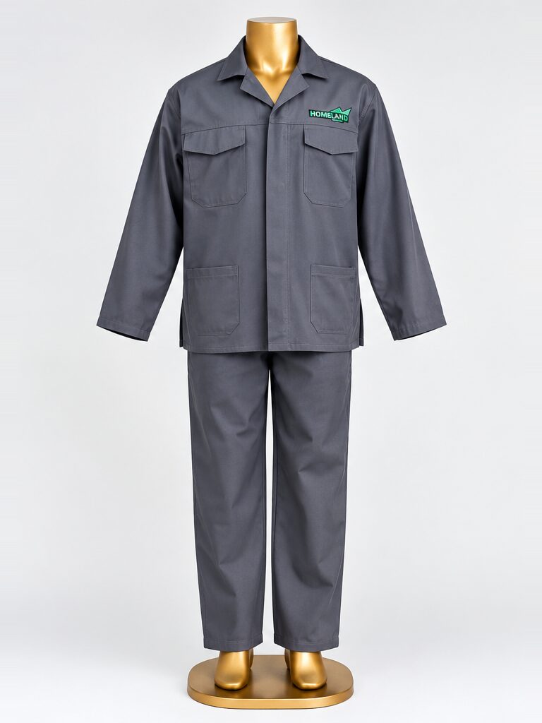HomeLand Grey Conti Suit, 100% Cotton, in grey with a chest badge, front view