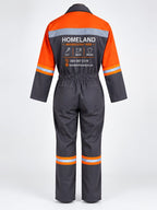 HomeLand Grey Coverall, 100% Cotton, in grey with orange shoulders, reflective tape and a HomeLand print, back view
