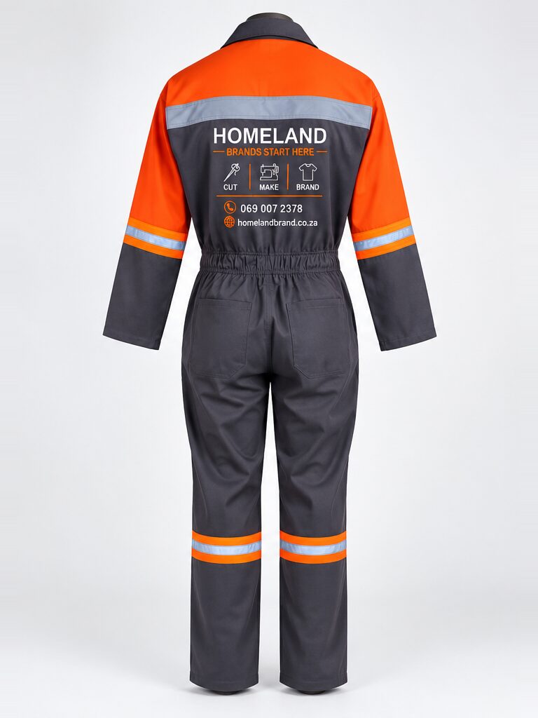 HomeLand Grey Coverall, 100% Cotton, in grey with orange shoulders, reflective tape and a HomeLand print, back view