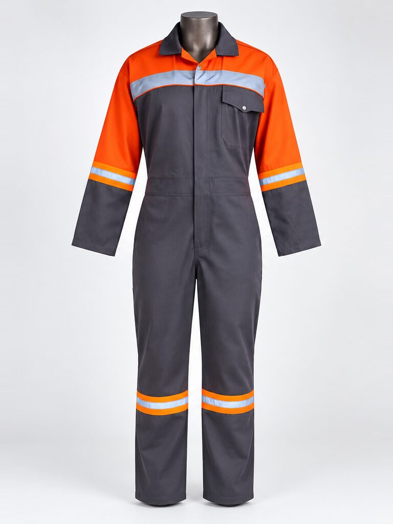 HomeLand Grey Coverall, 100% Cotton, in grey with orange shoulders and reflective tape, front view