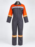 HomeLand Grey Coverall, 100% Cotton, in grey with orange shoulders and reflective tape, front view
